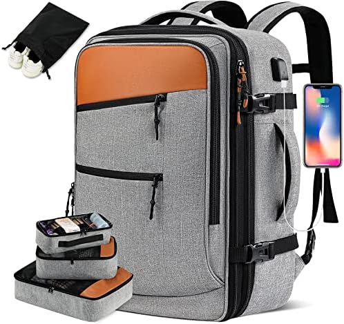 POWAITER Carry On ruksak, veliki putni ruksak za žene muškarci odgovara 17 inčnom laptopu, avio-odobreni kofer za prtljag ruksak sa 4 kocke za pakovanje za poslovna, vikend ili noćna putovanja-siva