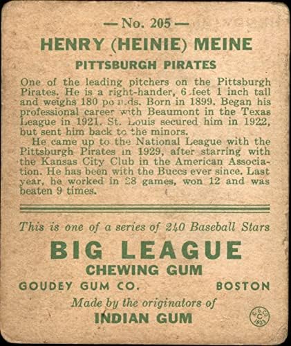 1933 Goudey # 205 Heinie Meine Pittsburgh Pirates Jadni gusari