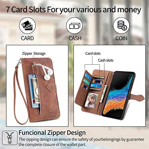 Xyx novčanik slučaj za Poco X3 NFC, dijagonala cvijet PU Koža 6 kartica slota Flip koža Zipper džepna torbica Cover Kickstand zapešće Lanyard za Xiaomi poco X3 NFC, braon