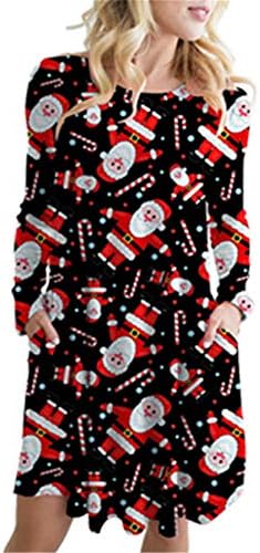 Andongnywell ženski Božićni Print okrugli vrat Casual raširena Midi haljina Božić štampane Swing haljine