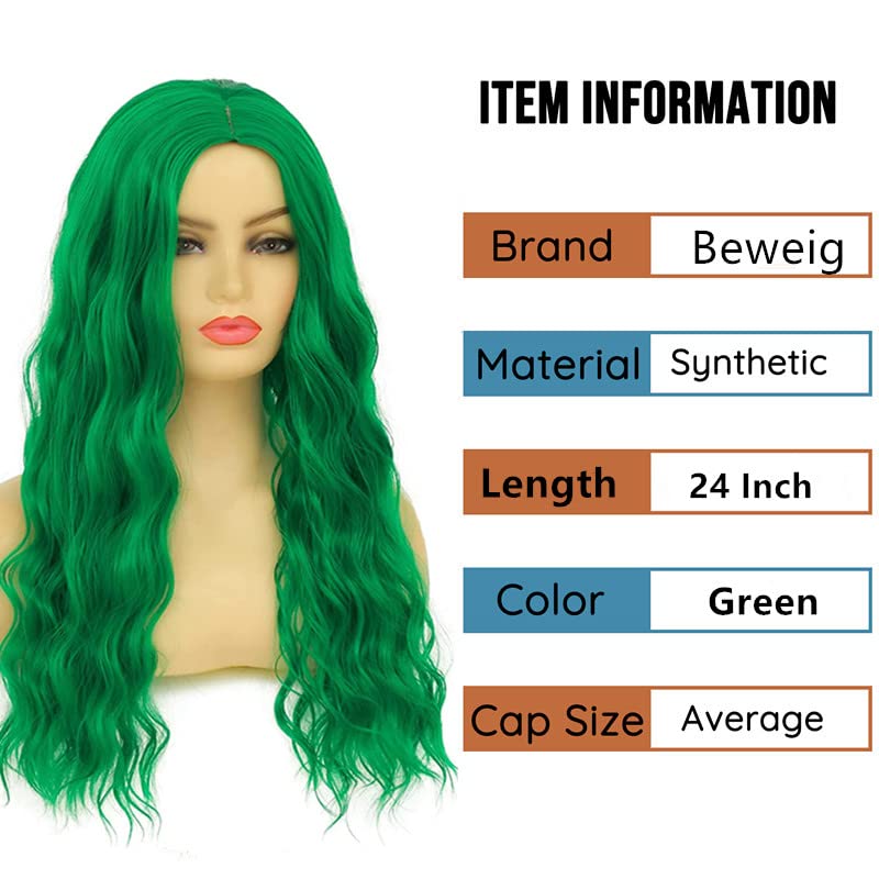 Beweig duga kovrčava valovita zelena perika za žene srednji dio kostim Cosplay perika Sintetička zamjena za kosu perika