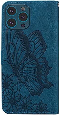 SUPWALL kompatibilan za iPhone 14 Pro Max novčanik slučaj kože osjećaj reljefni leptir cvijet koža Folio futrola držači za kartice stalak Flip Case sa narukvicom-plava