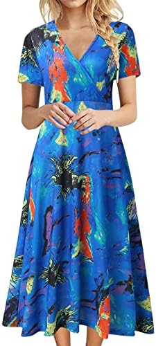 Kulywon Women Maxi haljina Ljetna kratkih rukava 3D grafička dugačka haljina cvjetna print High struk casual