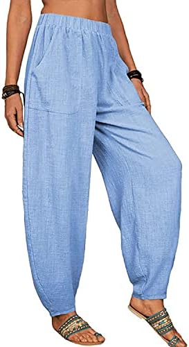 Utcoco ženske pamučne posteljine harem hlače Ležerne prilike sažetosti hlače visoke struke sa džepovima
