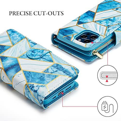 UEEBAI torbica za novčanik za iPhone 13 Pro Max 6.7 inch, Vintage PU Koža magnetno zatvaranje geometrijska torbica Zipper džepna torbica držač za kartice TPU preklopna torbica otporna na udarce-Mramorno plava
