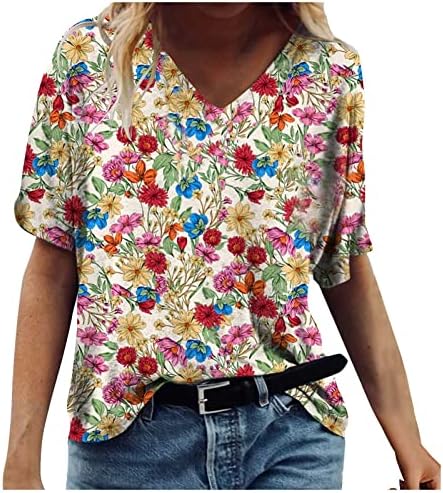 Ženska majica kratkih rukava posada Vneck vrat pamuk cvjetni grafički labav fit casual cyberpunk top majica