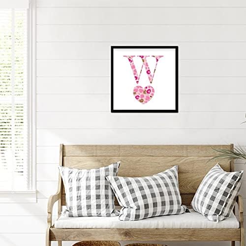 Farmhouse Wood Framed W Custom Početno ime Monogram abeceda s ružičastom i zlatnim ljubavnim srcima Rustikalni