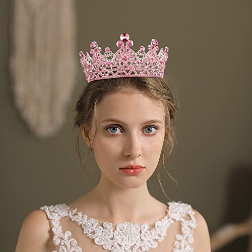 Aprince Pink Round Crystal Tiaras and Crowns for Women, Queen Of Hearts Crown Rhinestones Wedding Gifts