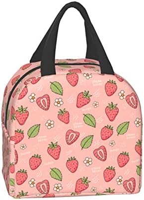 Senheol Pink Strawberry and Leaves Print Lunch Box, Kawaii mala izolaciona torba za ručak, višekratna torba