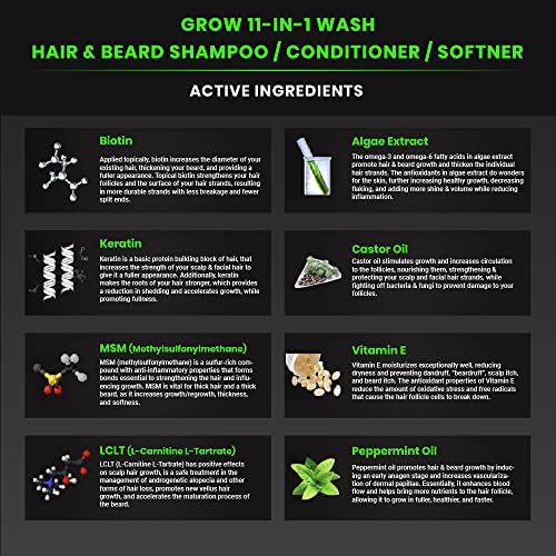 GROW Hair & brada 11-u-1 pranje: šampon, omekšivač regeneratora, Biotin, ricinusovo ulje, eterično ulje mente, Vitamin E, MSM, Keratin, alge, LCLT-podržava zdrav rast - Vegan-BBS USA Product