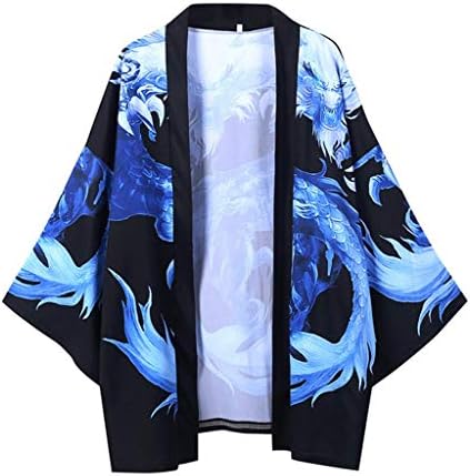 XXBR japansko kimono kardigan za muške otvorene sprijeda 3/4 rukava ukiyoe zmaj otisnuta lagana plaža casual