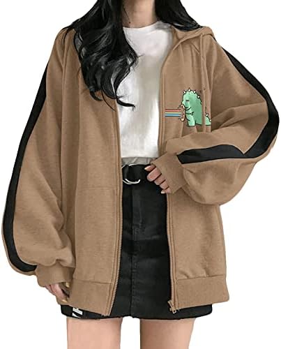 Ženska casual sa kapuljačom sa kapuljačom DINOSAUR Print Hoodie kaput puni džepne jakne sa kapuljačom za