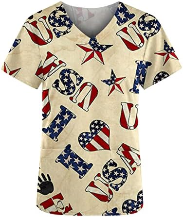 V izrez Top djevojke kratki rukav američka zastava zvijezda srce grafički ured piling uniforma Top Tshirt