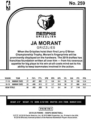 2019-20 Panini NBA Hoops Košarka 259 JA Morant Rookie Card Grizzlies