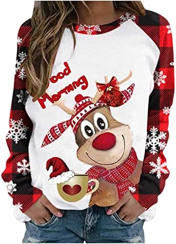 Hoksml dukseri za žene lijepi božićni ekran tisak okrugli vrat patchwork dugih rukava pulover dugih rukava Comfy casual top