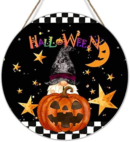 Crno-bijelo provjerena zvijezda Gnome Wood ploča umjetnina znakova Noć vještica vrata sablasne sezone Jesen