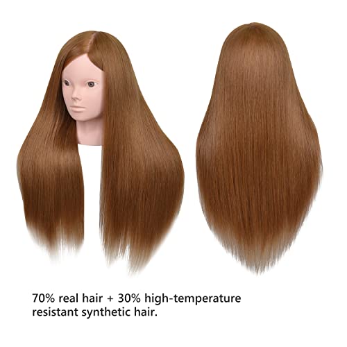 22 trening kose i šminke Manekenska glava sa 70% prave kose, Kozmetologija Manikin lutka glava za djevojčice vježbajte šminkanje lica, oblikovanje kose-Svijetlosmeđa