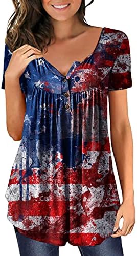 Pamučne duge rukave za žene žene modni Dan nezavisnosti Print Shirt v dugme za vrat kratki rukav bluza T